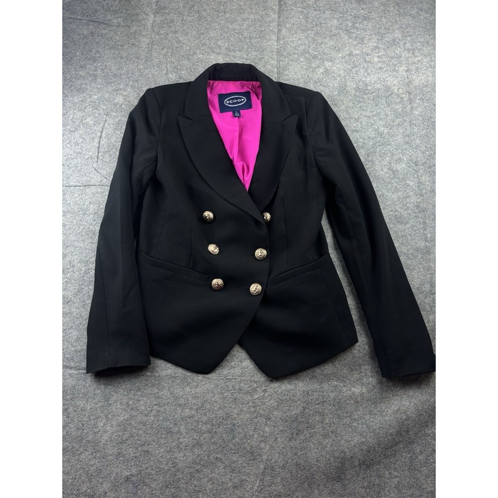 Scoop Women's S 4/6 Crepe Tailored Gold Button Double Breasted Blazer Black